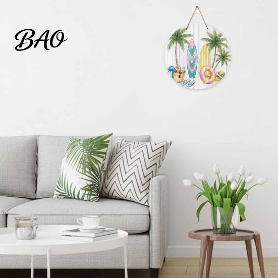 Natural Hemp Rope Sign Round Wooden Door Hanger, Watercolor Beach Welcome Sign, Hello Sunshine Farmhouse Porch Please Wall Plaque for Summer