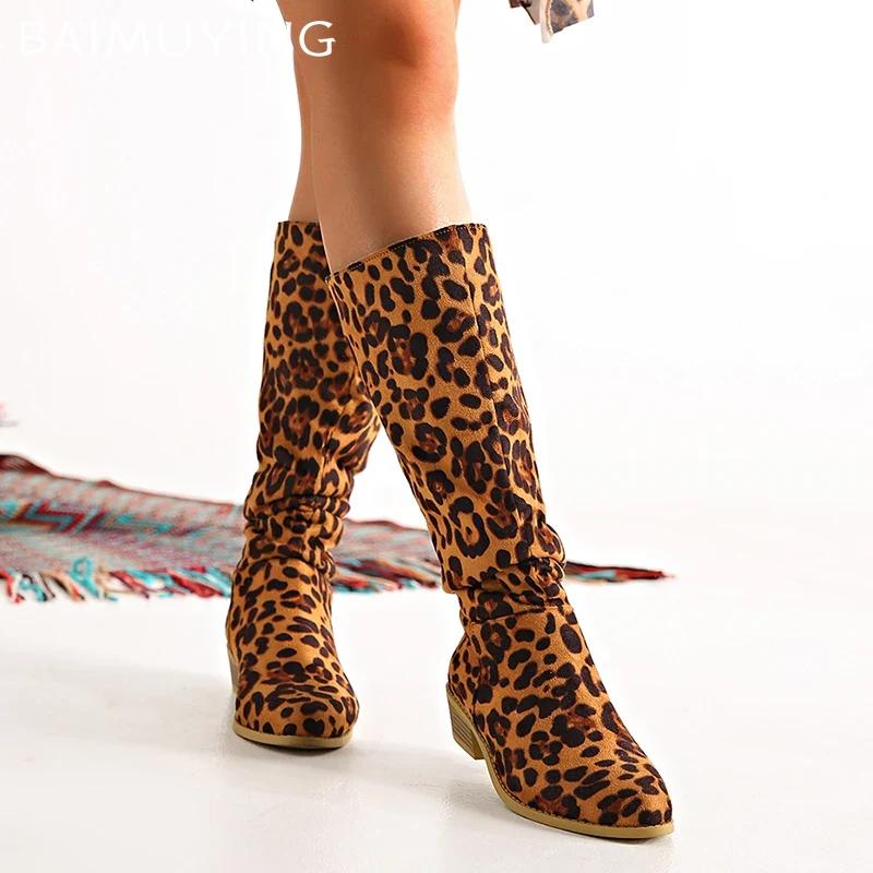 Leopard Women High Boots Sexy Chunky Pointed Toe Knee High Shoes Woman 2024 Trend Winter New Gladiaotor Motorcycle Botas Mujer