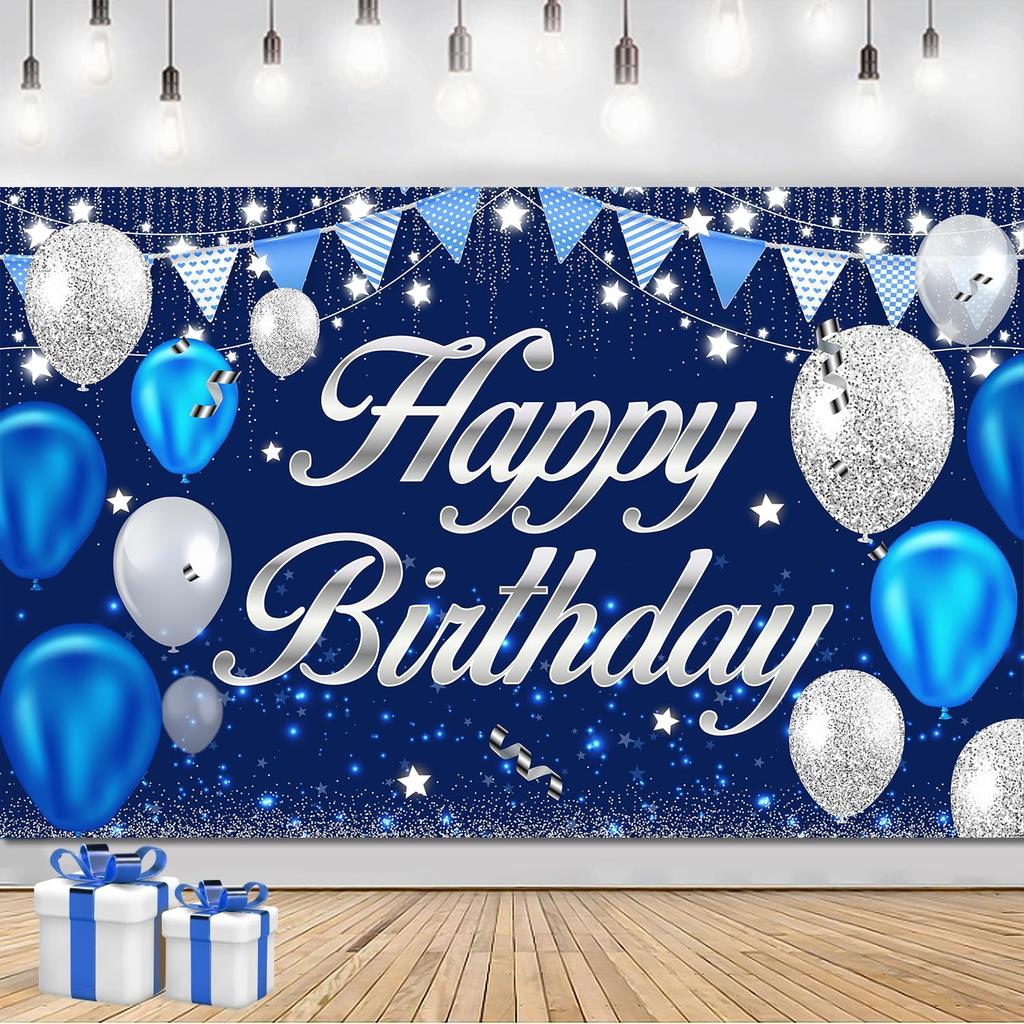 Happy Birthday Banner - Birthday Decorations for Men Women Boys Girls Blue Sliver Birthday Party Banners Welcome Happy Birthday Background Sign Theme