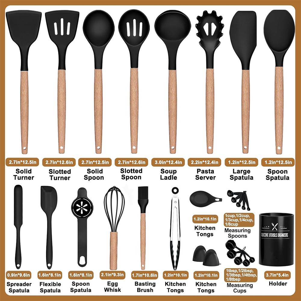 LMETJMA 28 Pcs Silicone Cooking Utensils Kitchen Utensil Set 446°F Heat Resistant Kitchen Gadgets Spatula Set With Holder JT263