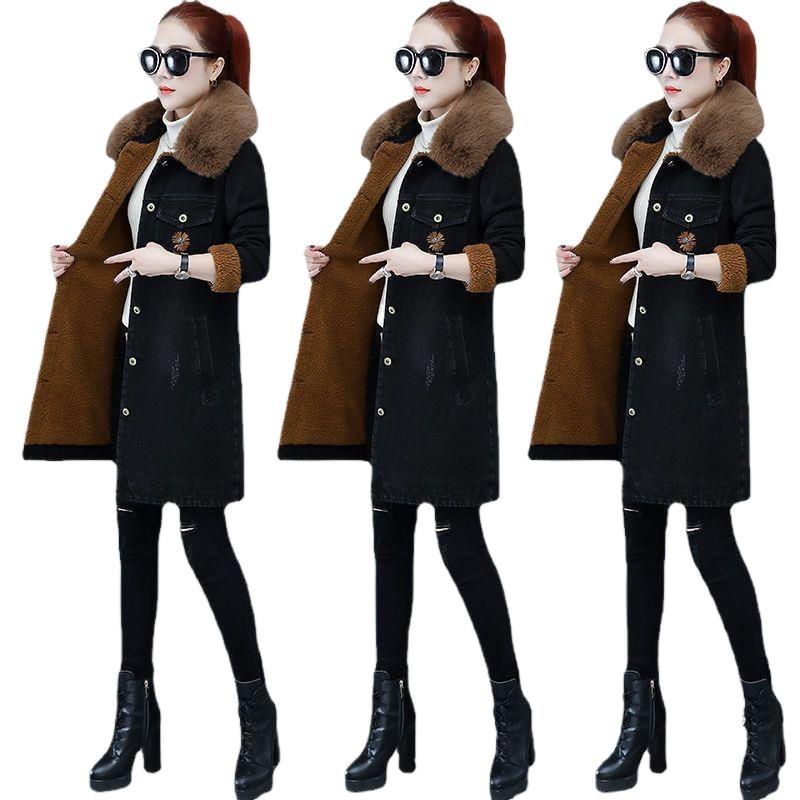 Джинсовая куртка из флиса утолщенная женская осенне-зимняя корейская версия облегающая средняя и длинная джинсовая одежда новая одежда с хлопковой подкладкой