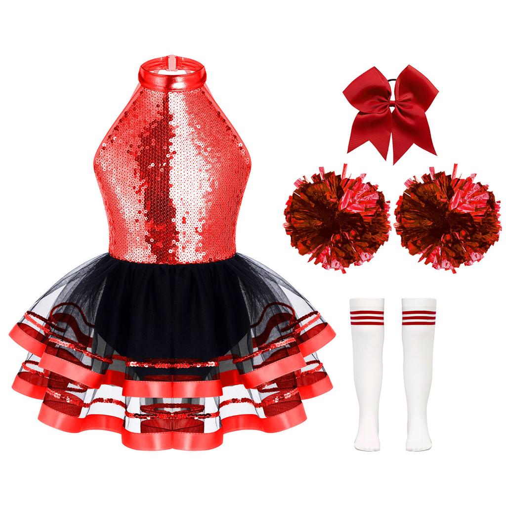Girls Cheerleading Outfit Sleeveless Halter Sparkling Sequins Backless Tulle Tutu Dress Flower Balls Headwear Socks Set