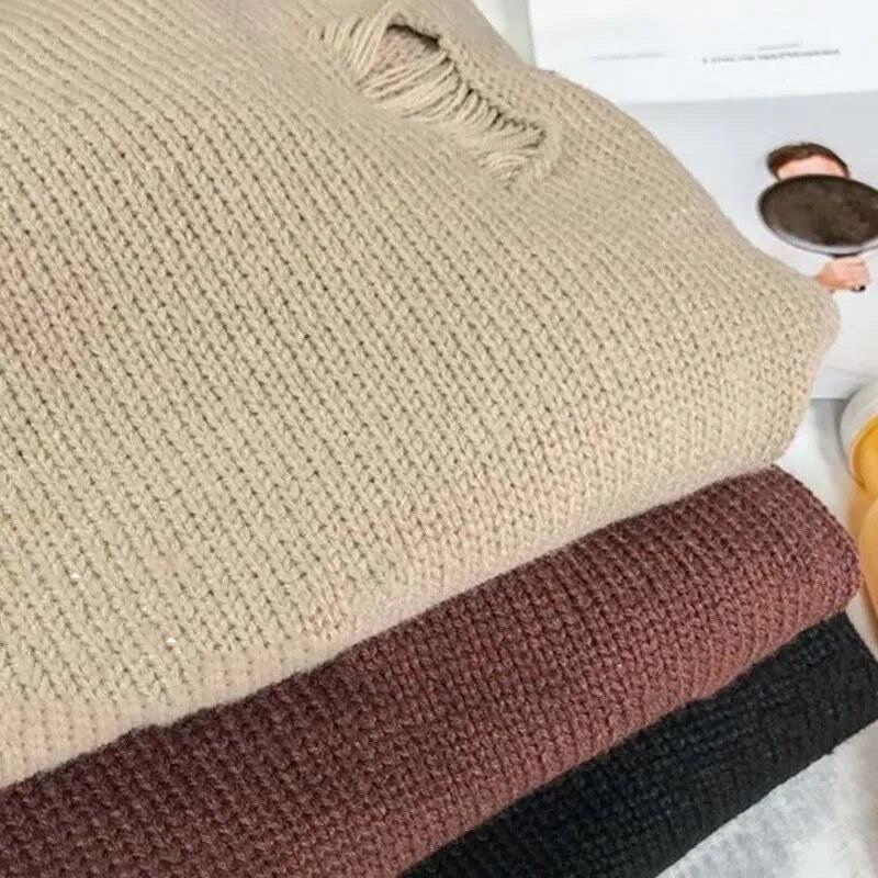 Khaki Ripped Loose Sweater Knitted Pullover Cutout Beggar Round Neck Long Sleeves Simple Casual Men and Women Spring Autumn