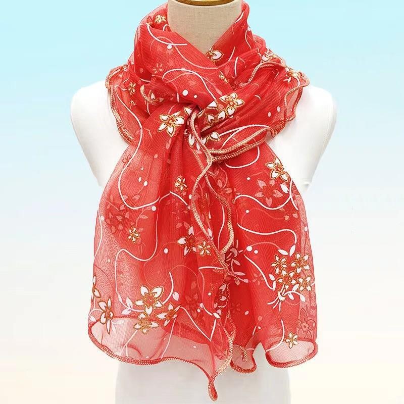 Ruffles Flower Embroidery Scarf Elegant Solid Color Breathable Shawl Women Head Wrap Outdoor Windproof Hijab Turban Travel Beach Towel