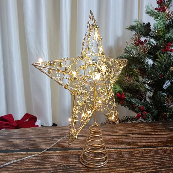 Светодиодная звезда на елку, блестящая золотая металлическая звезда, светящееся украшение на батарейках