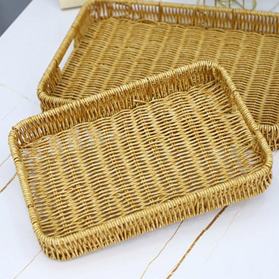 Корзина для хранения с ручкой, ручная плетеная прямоугольная форма из искусственного ротанга, полый дренаж, поднос для пикника, фруктовых закусок, сервировочный поднос для хлеба
