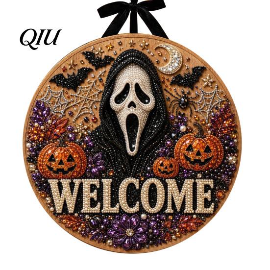 Halloween Door Sign Kit Faux Pearl Kit, Ghost Skull Skeleton Cat Welcome Painting Arts Crafts Handmade for Wall Decoration DIY Art