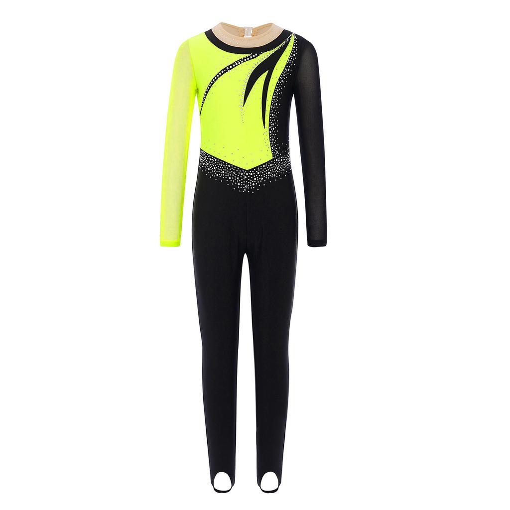 Girls Mesh Long Sleeves Keyhole Back Shiny Rhinestones Color Block Dance Jumpsuit Gymnastics Performance Costume