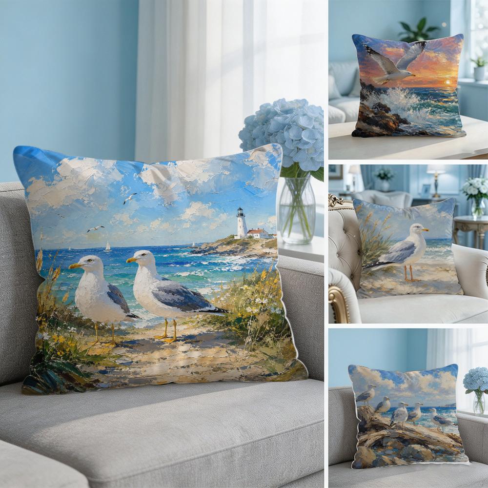 Seagulls On Beach Oceanic Artistic Cushion Cover Breathable Cushion Covers Machine Washable Wrinkle-Resistant Soft Durable