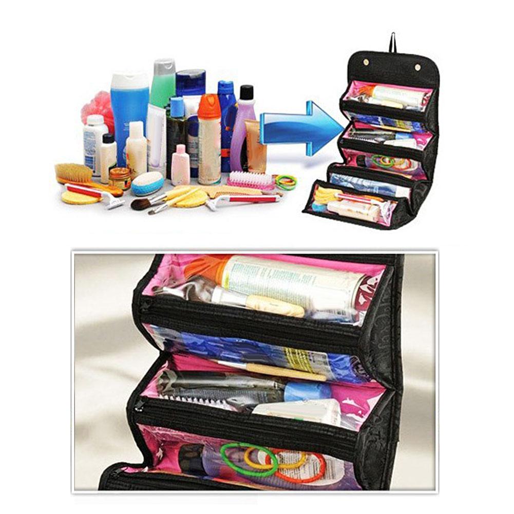 Roll Cosmetics Organizer Makeup Bag Foldable Hanging Toiletries Pockets Compartment Travel Kit