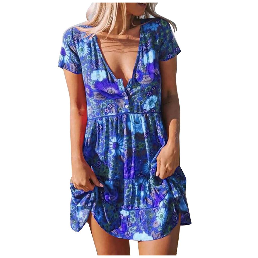 Women's Fashion Loose V-Neck Short Buttons Printing Casual Dress
