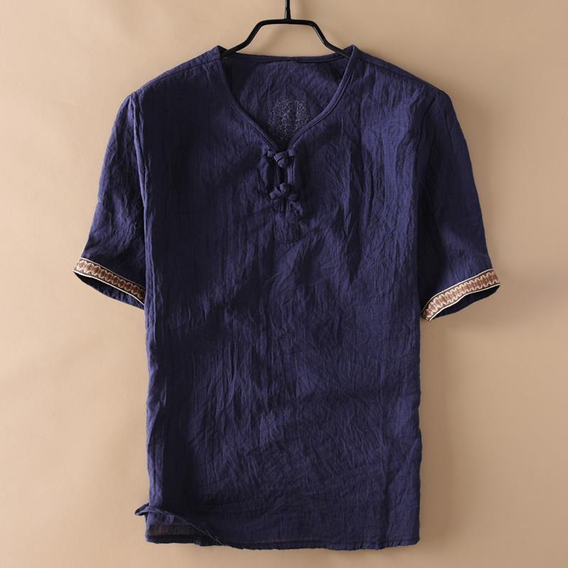 Мужская футболка в китайском стиле, винтажная, с принтом, из хлопка и льна, летняя, мужская, повседневная, с V-образным вырезом, с коротким рукавом, дышащая, топы, Ropa Hombre M-5XL