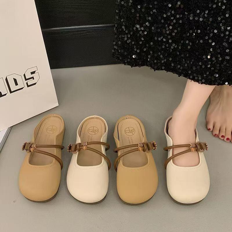 Summer outer wear bag head half slippers women's 2025 new super fire flat bottom one pedal lazy half tray French cool slippers