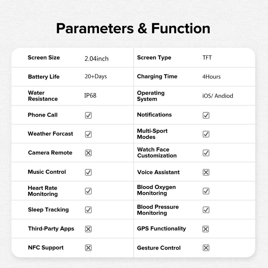2,04-дюймовые умные часы, мониторинг сна, управление музыкой, спортивный режим, компас, для Android IOS