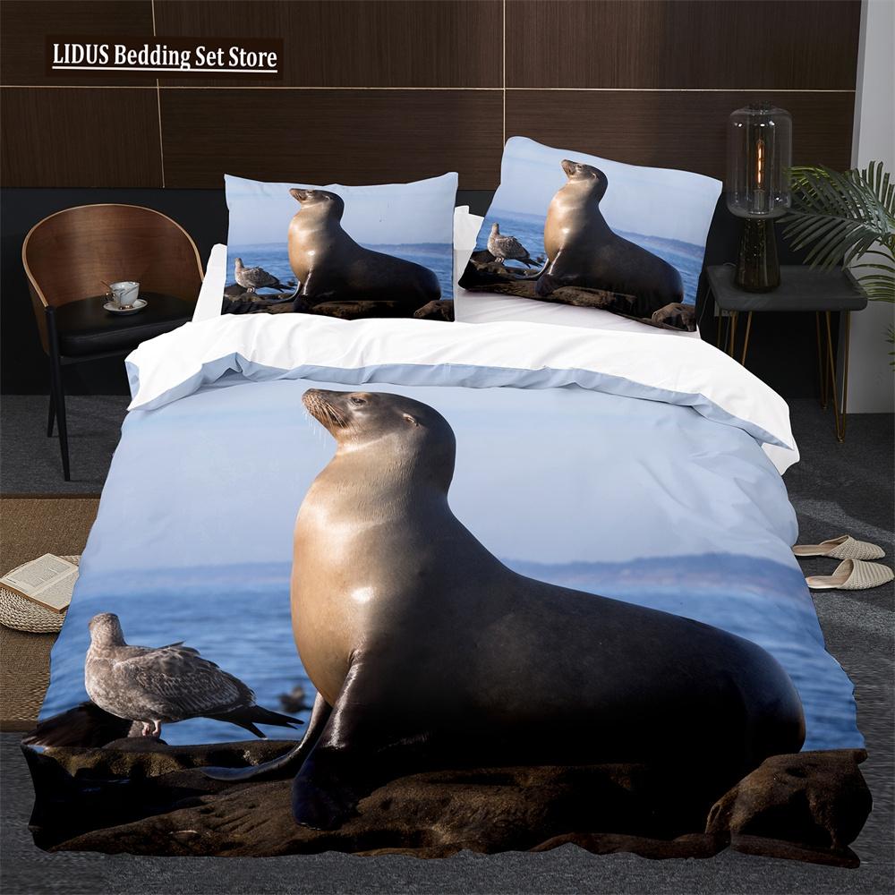 Пододеяльник Морской лев размера кинг/квин, милый комплект постельного белья с морскими животными для детей, мальчиков, девочек, синий, море, пляж, полиэстер, чехол для одеяла