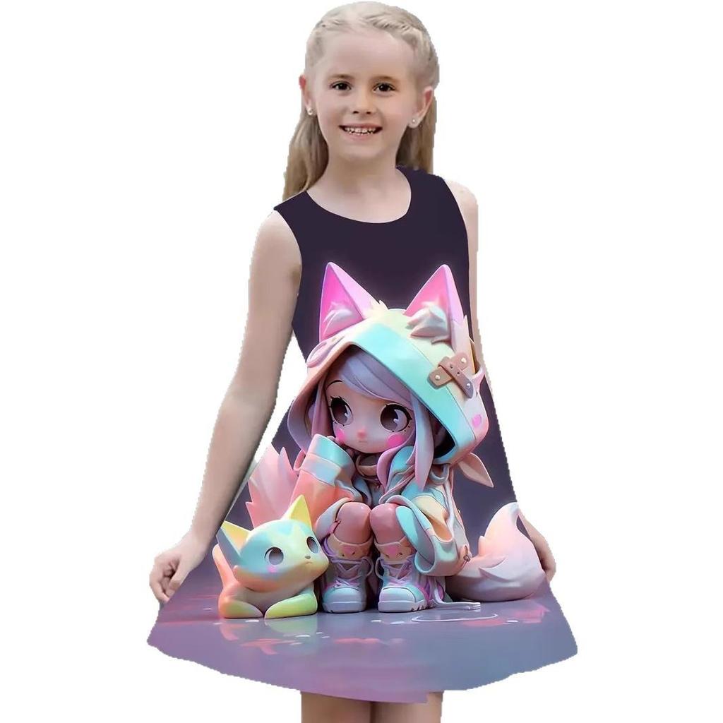 Fashion Girls Dresses Summer New Round Neck Vest Style 3D Printing Princess Skirt