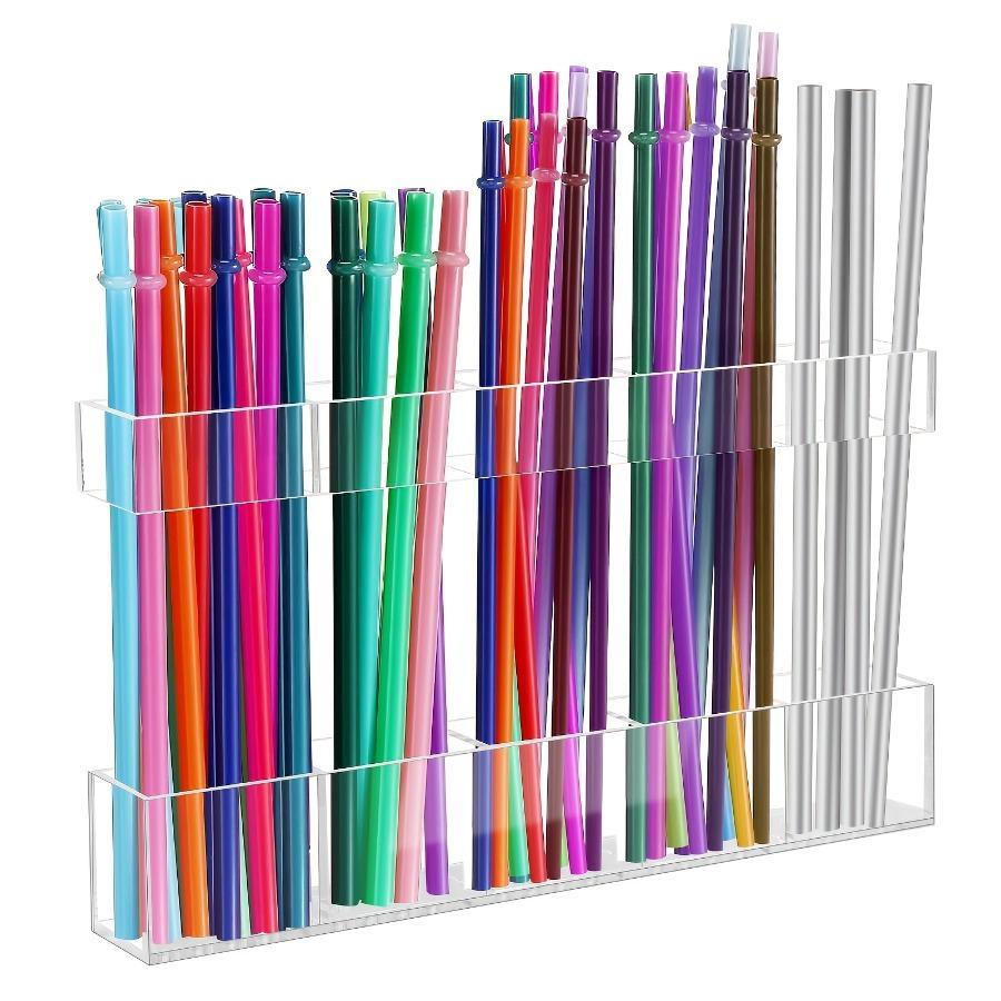 [2pcs-Large Acrylic Straw Holder] Transparent Acrylic Straw Storage Box | Reusable, Ultra-Adhesive Cabinet Door Installation