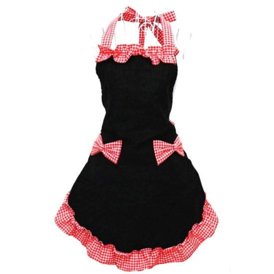 Women Cute Bowknot Decor Pocket Apron Plaid Print Splicing Adjustable Lace-up Kitchen Flirty Apron Mother Day Gift