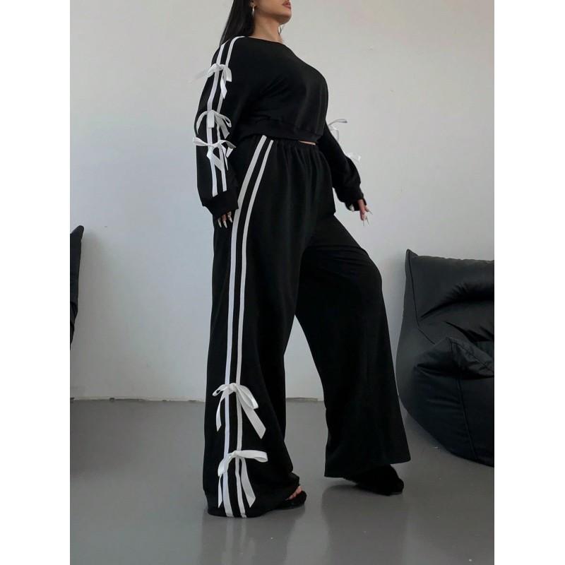 Womens Streetwear Hoodie Set With Side Bow Detail Slim Fit Long Sleeve Casual Outfit