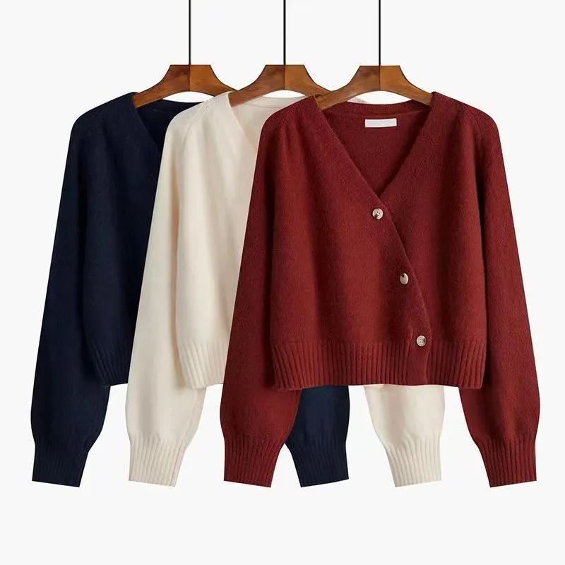 Autumn Winter Skew Button Cardigan V-neck Sweater Women Knitted Long Sleeve Tops Korean Loose Solid Cashmere Sweater for Woman
