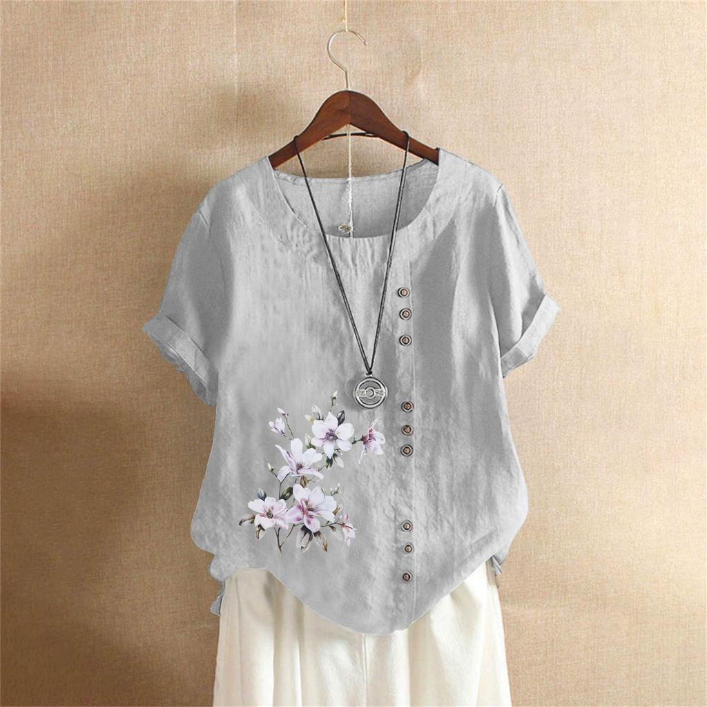 Хлопковая и льняная женская одежда Лето и осень Ретро Повседневная свободная хлопковая и льняная футболка с коротким рукавом Женская одежда больших размеров