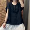 Новый летний стиль Литературный ретро Высококлассный Однотонный Хлопок и Лен Топ для Женщин Свободный Круглый Вырез Повседневный Простой Пуловер с Коротким Рукавом