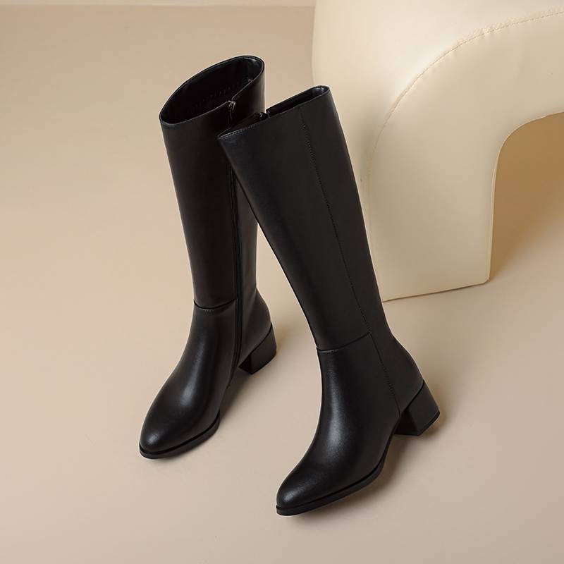 Krazing Pot Осенне-зимняя обувь из коровьей кожи, сапоги для верховой езды, круглый носок, сохраняющие тепло, на молнии, черного цвета, на толстом высоком каблуке, высокие сапоги до бедра
