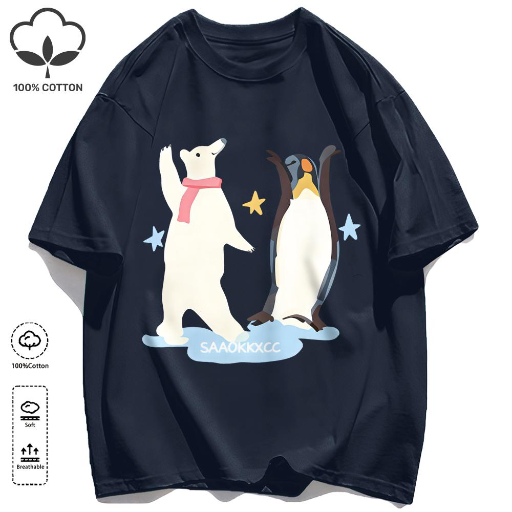 Penguins And Polar Bears Dance Together Retro T-Shirt Unisexs Loose Cotton Tee Trendy Summer Clothing Unisex All-Match Streetwear