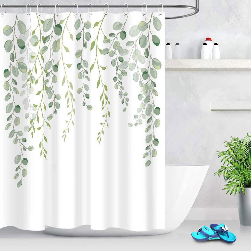 Tropical Green Leaves Plant On White Background Odorless Shower Curtains for Bathroom Showers and Bathtubs Decor with Hooks
