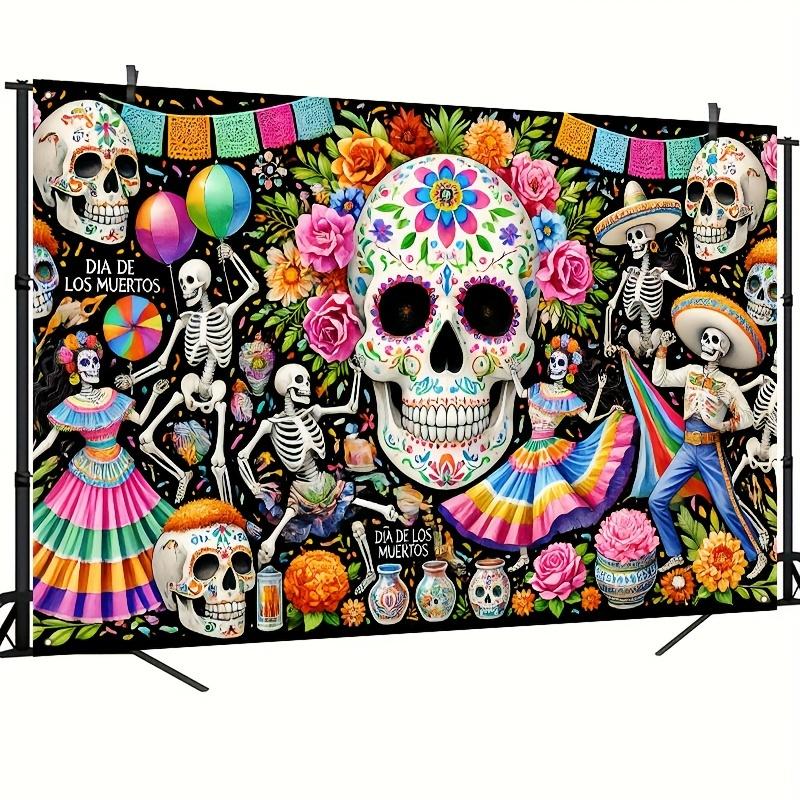 One piece, photo backdrop cloth, with the theme of "Day of the Dead" skull theme, and balloons included.XY