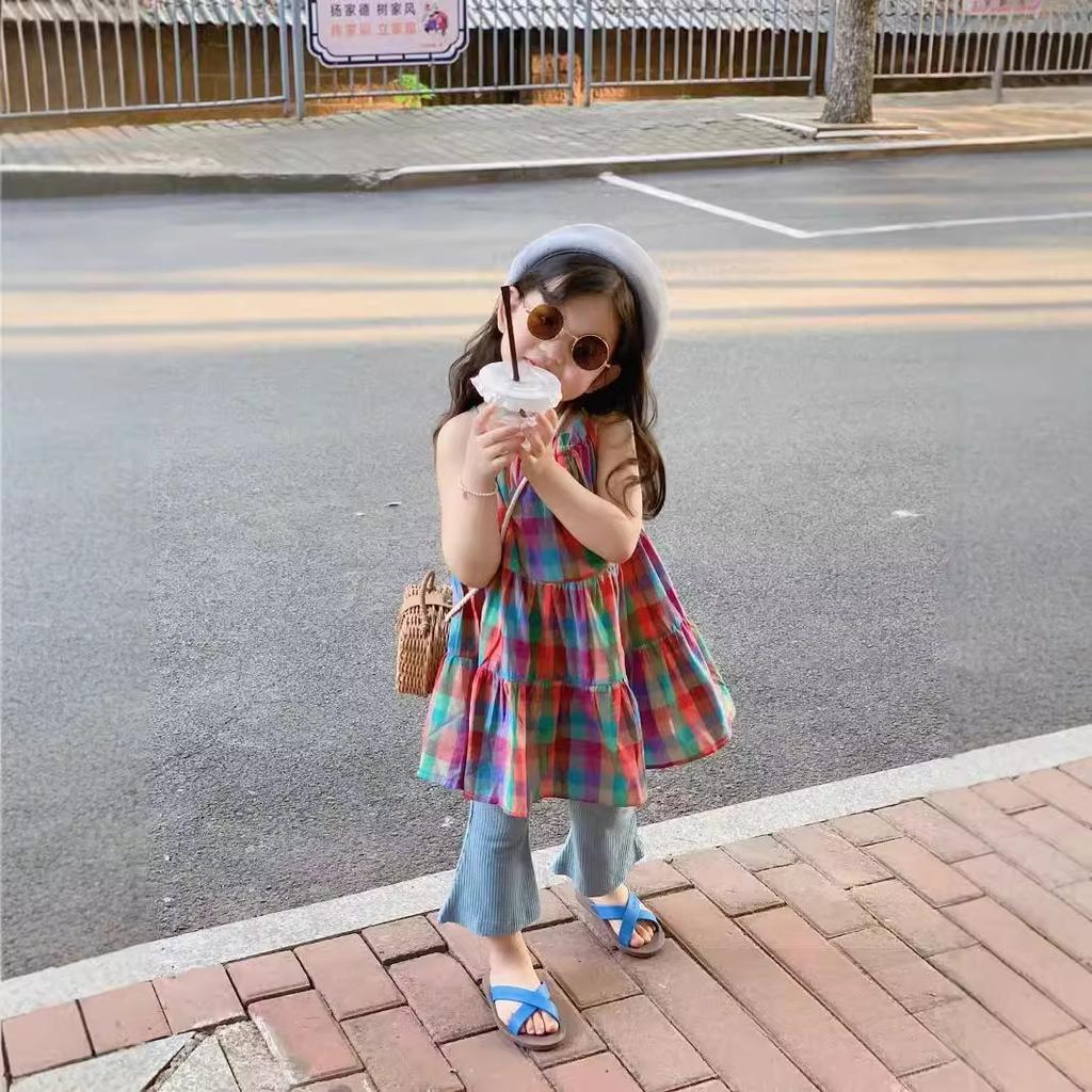 Летнее пляжное платье для девочек. Цветное клетчатое платье-халтер.