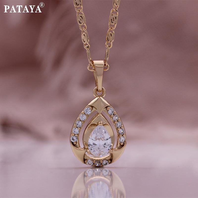 PATAYA Комплект из сережек и ожерелья с инкрустацией из микровоска розового золота и белого искусственного циркония