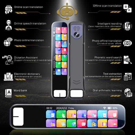 Ручка-переводчик с интеллектуальным искусственным интеллектом, сенсорным экраном, функцией записи голоса, перезаряжаемая, совместимая с Wi-Fi и Bluetooth, ручка со сканером