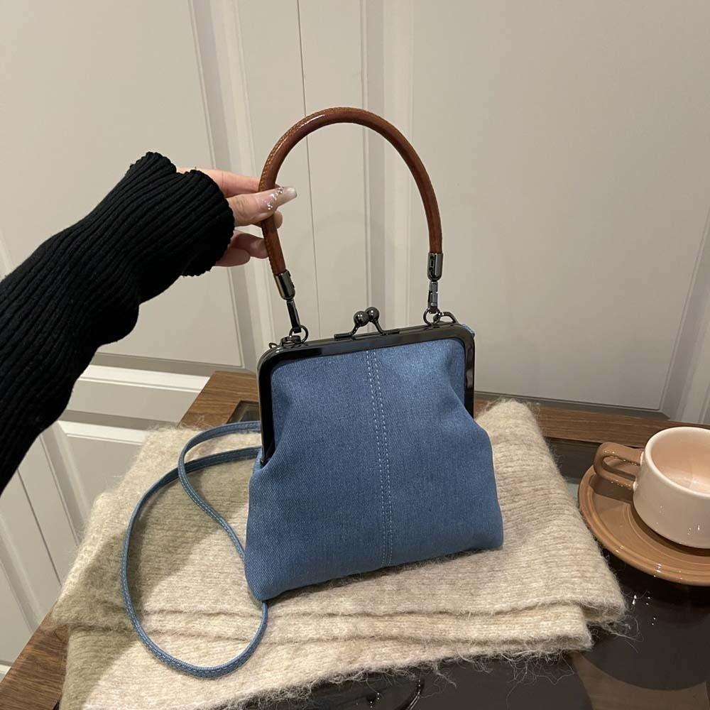 Elegant Kiss Lock Shoulder Bag Solid Color Large Capacity Denim Blue Crossbody Bag Messenger Pouch Purse Vintage Women's Handbag
