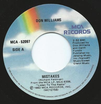 7-дюймовая пластинка DON WILLIAMS - Mistakes / Fool, Fool Heart MCA52097 MCA Records 1982 Канада Кантри/Фолк Б/у