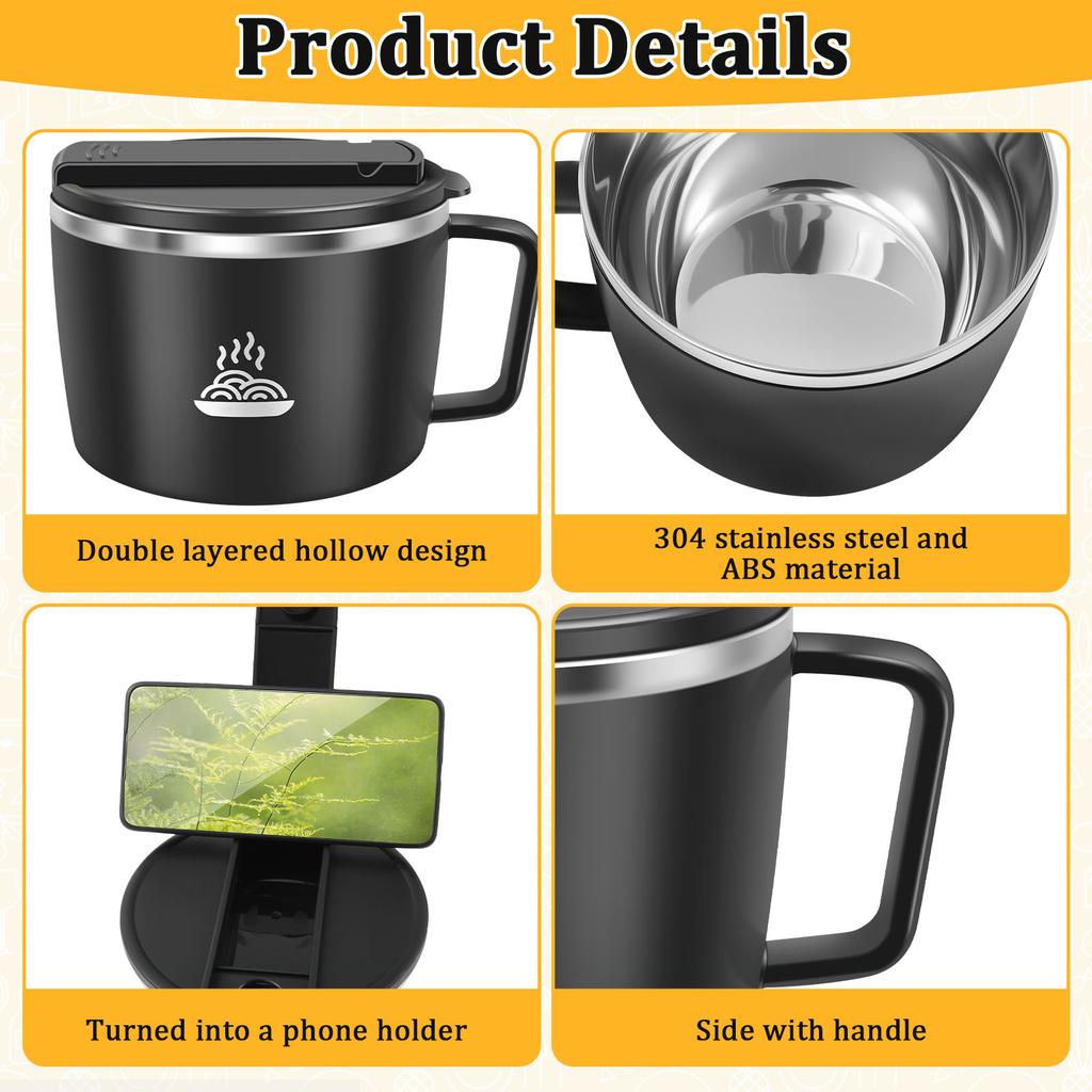 1200ml Ramen Bowl Stainless Steel Bento Box Instant Noodle Bowl with Lid and Tableware for Home Office School Dormitory Lunchbox