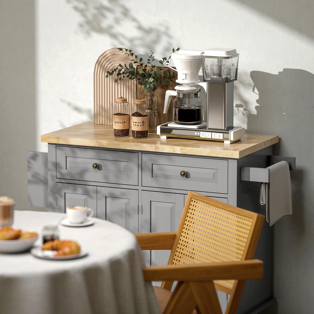 Rolling Kitchen Island Storage Trolley with Rubber Wood Top & Drawers for Dining Room, Grey