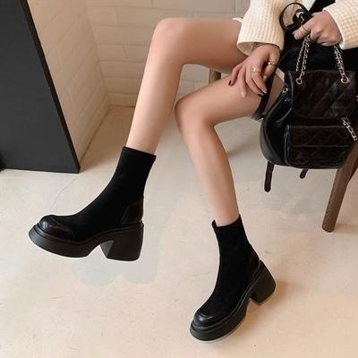 Модная женская короткая обувь с круглым носком, очень высокие каблуки, ботильоны до щиколотки для женщин, комбинированные эластичные ботильоны на каблуке, распродажа, новинка осени, готические ботинки