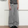 Men Zip-up Waist Striped Print Casual Long Straight Pants Trousers