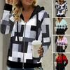 Autumn Women Hoodies Fashion Plaid Pattern Zipper Placket Cardigan Jacket Regular Fit Long Sleeves Casual Hooded Coat Spring Autumn Female Clothing