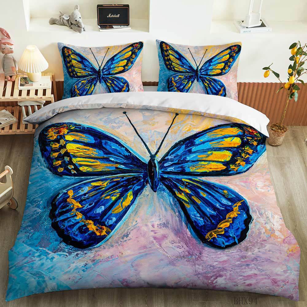 Butterfly Duvet Cover Set Oil Painting Yellow Blue Colour Animals Comforter Cover King Queen For Kid Girl Polyester Bedding Set