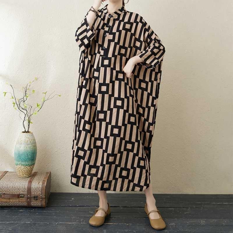 Платье для отпуска 2025 года с принтом и воротником-стойкой, свободного покроя, очень большого размера
