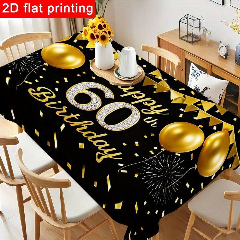 1pc Elegant Black And Golden 60Th Birthday Tablecloth - Luxurious Polyester Table Cover with Festive Design, Reusable And Easy to Clean for Birthday P