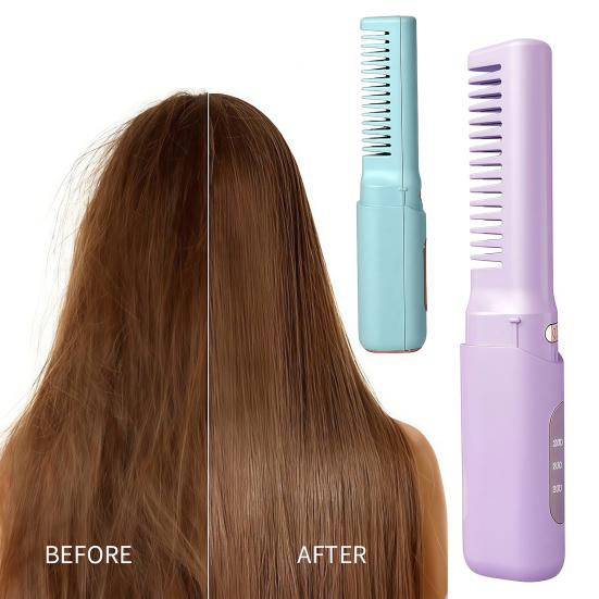 Cordless Ceramic Hairdressing Comb 3 Temperature Adjustable Hair Straightener USB Rechargeable Fast Heating Electric Hair Styling Detangling Brush