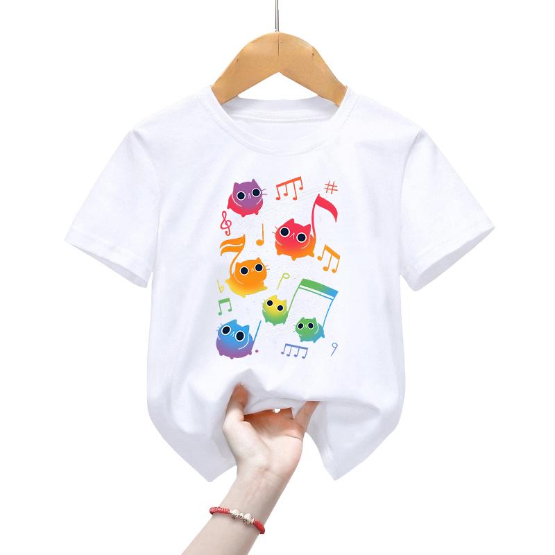 Детские футболки Meowlody с героями мультфильмов, радужная музыкальная футболка с принтом кота для девочек и мальчиков, От 2 до 13 лет, детская одежда с короткими рукавами с мультяшным животным котом