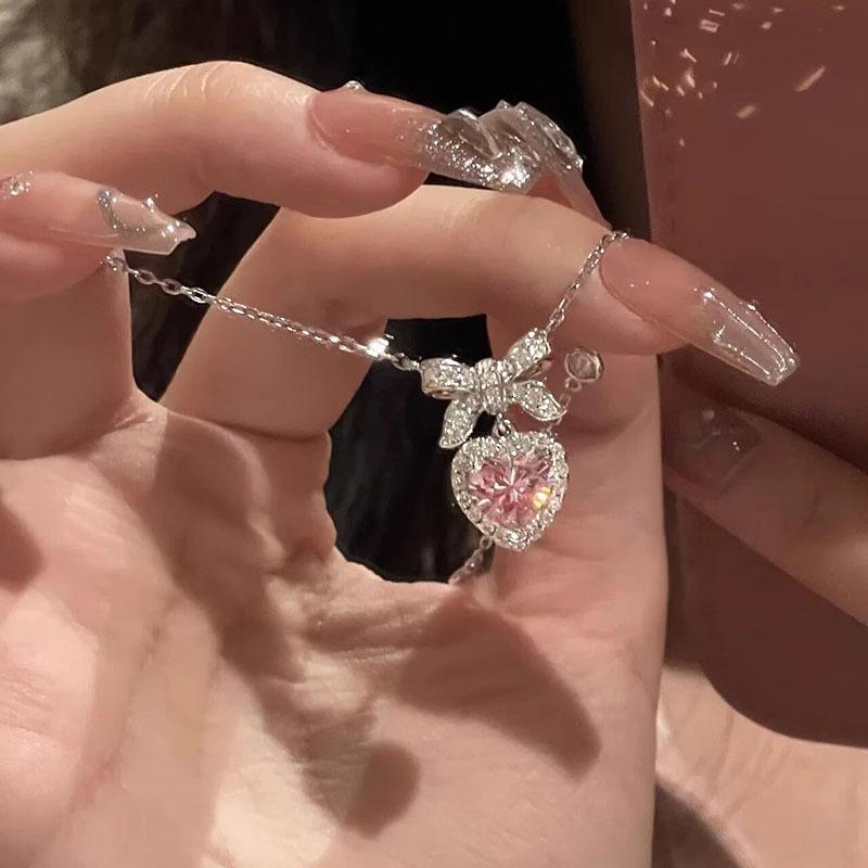 Корейская мода Розовый Хрустальное Сердце Бант Подвеска Ожерелье Серебряный Цвет Цепочка Ожерелье на Шею для Женщин Свадебные Эстетичные Украшения