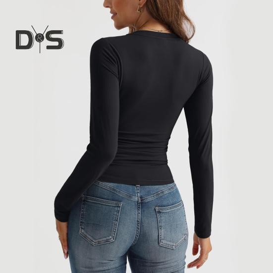 Women Bottoming Shirt Cotton Long Sleeve V-Neck Slim Fit T-shirt Stretchy Solid Color Thin Top for Daily Wear Dating Work