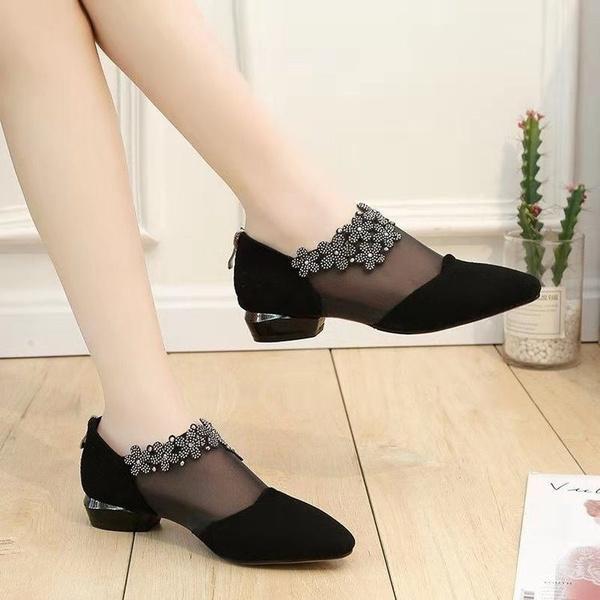 Summer Fashion Women Pointed-toe Low Heel Shoes Ladies Mesh Rhinestone Sandals Women's Fashion Shoes