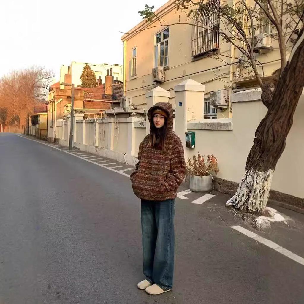 Men's Oversized Japanese Retro Striped Woolen Half-Zip Hoodie Sweater for Autumn/Winter