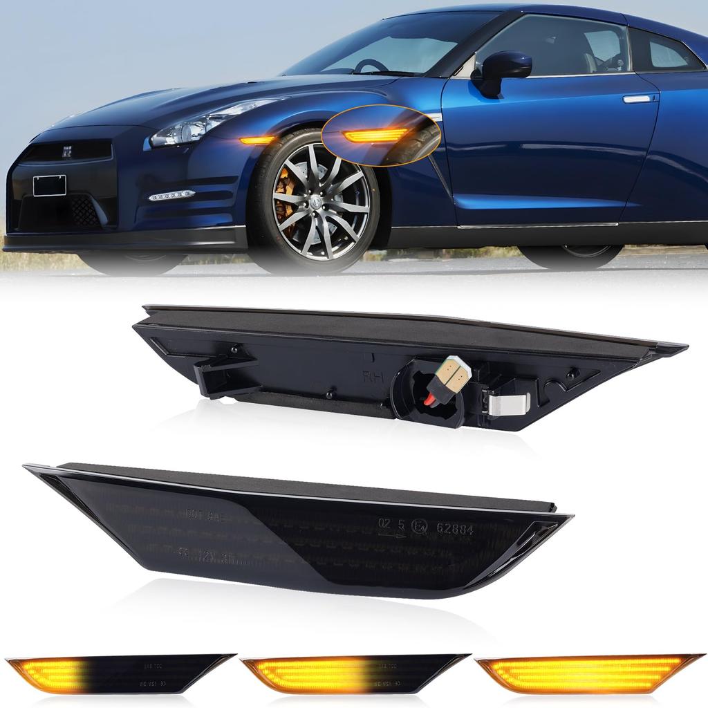 GemPro R35 LED Side GTR Flowing Turn Side Turn Signals for Nissan GTR Sequential Smoked Lens with Part Numbers and GT-R Markers, Signals, R-35, Type,